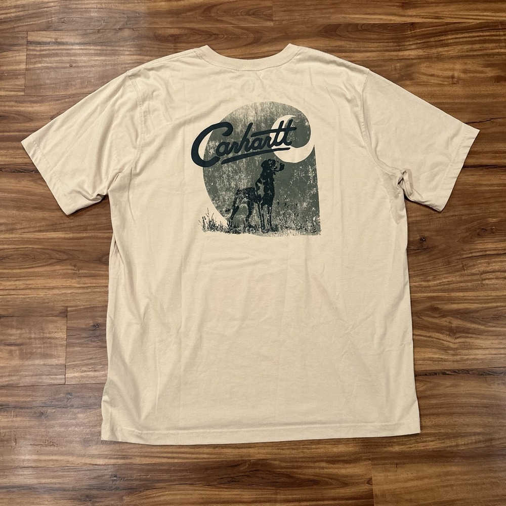 Carhartt Shirt Mens XL Beige Pocket Hunting Dog Back Graphic Tee Relaxed Fit